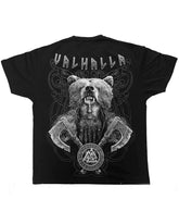 Plus Size Black Print T-shirt Men's T-shirt With A Viking Warrior Running With Two Wolves In The Dark Woods-printed Front And Back